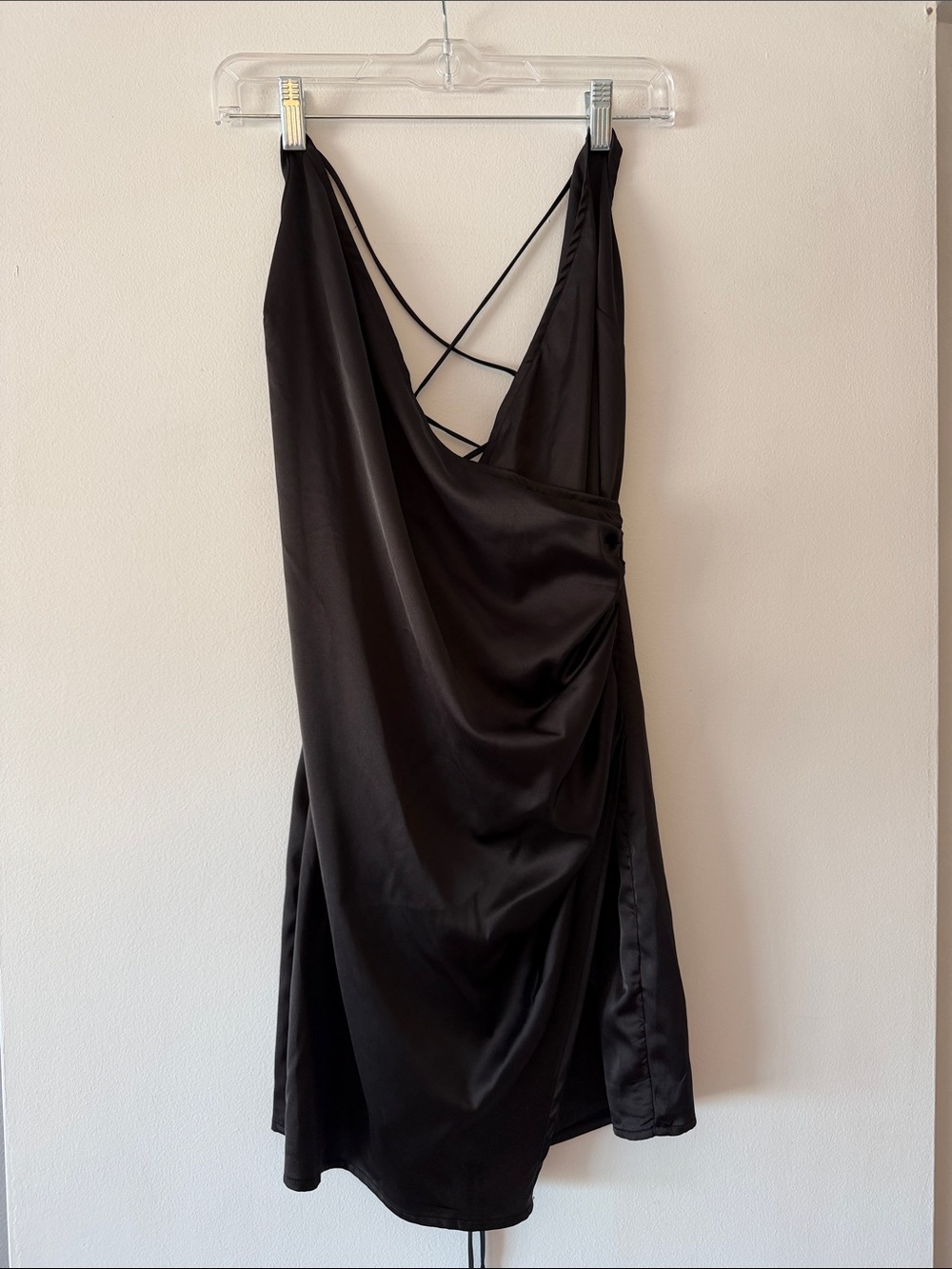 Blue Blush Black Cocktail Mini Lace Up Open Back Satin Ruched Dress Size Large